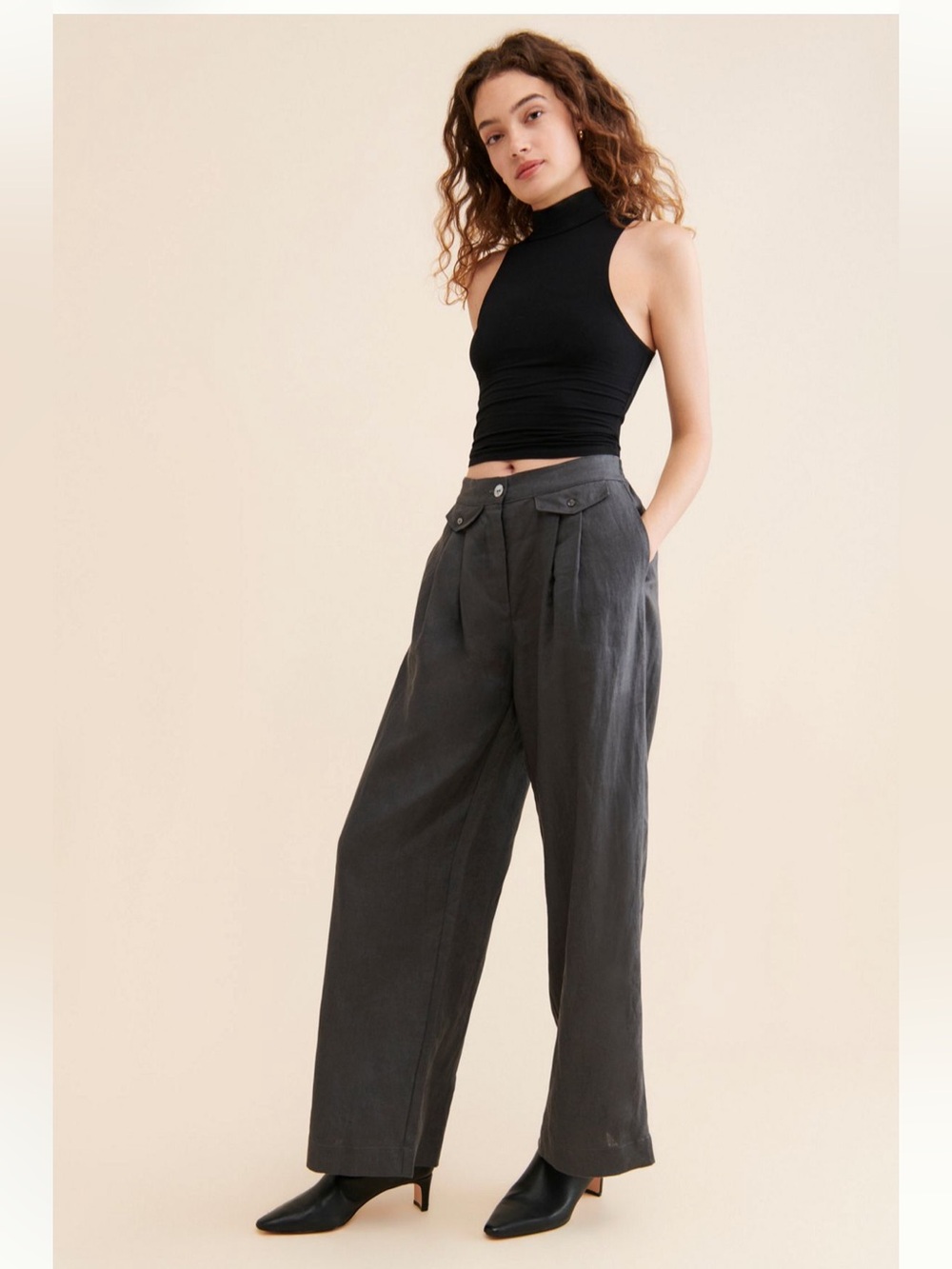 Anthropologie Sovere Instance Linen High Rise Wide Leg Pleated Pants in Gray - M